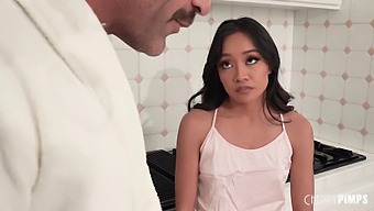 Jade Kimiko, A Sweet And Petite Asian, Is Discovered In The Kitchen And Eagerly Pleasures Charles Dera'S Large Member With Her Mouth