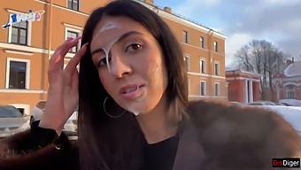 Stunning Woman Strolls In Public With Semen On Her Visage, Receiving A Substantial Tip From An Unknown Benefactor - Cumwalk