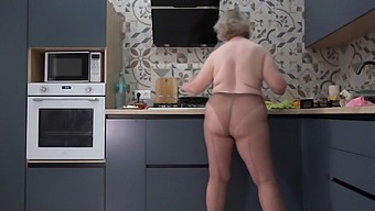 Which Do You Prefer For Breakfast, Me Or Scrambled Eggs? A Curvy Wife In Nylon Pantyhose In The Kitchen, With A Busty Milf And A Big Ass Behind The Scenes.